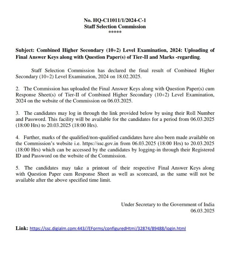 SSC CHSL 2024: Final Answer Key and Marks Released for Tier-II